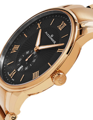 Shop Regalia A102B-05. Rose goldtone with black guilloche dial. $730 as shown.